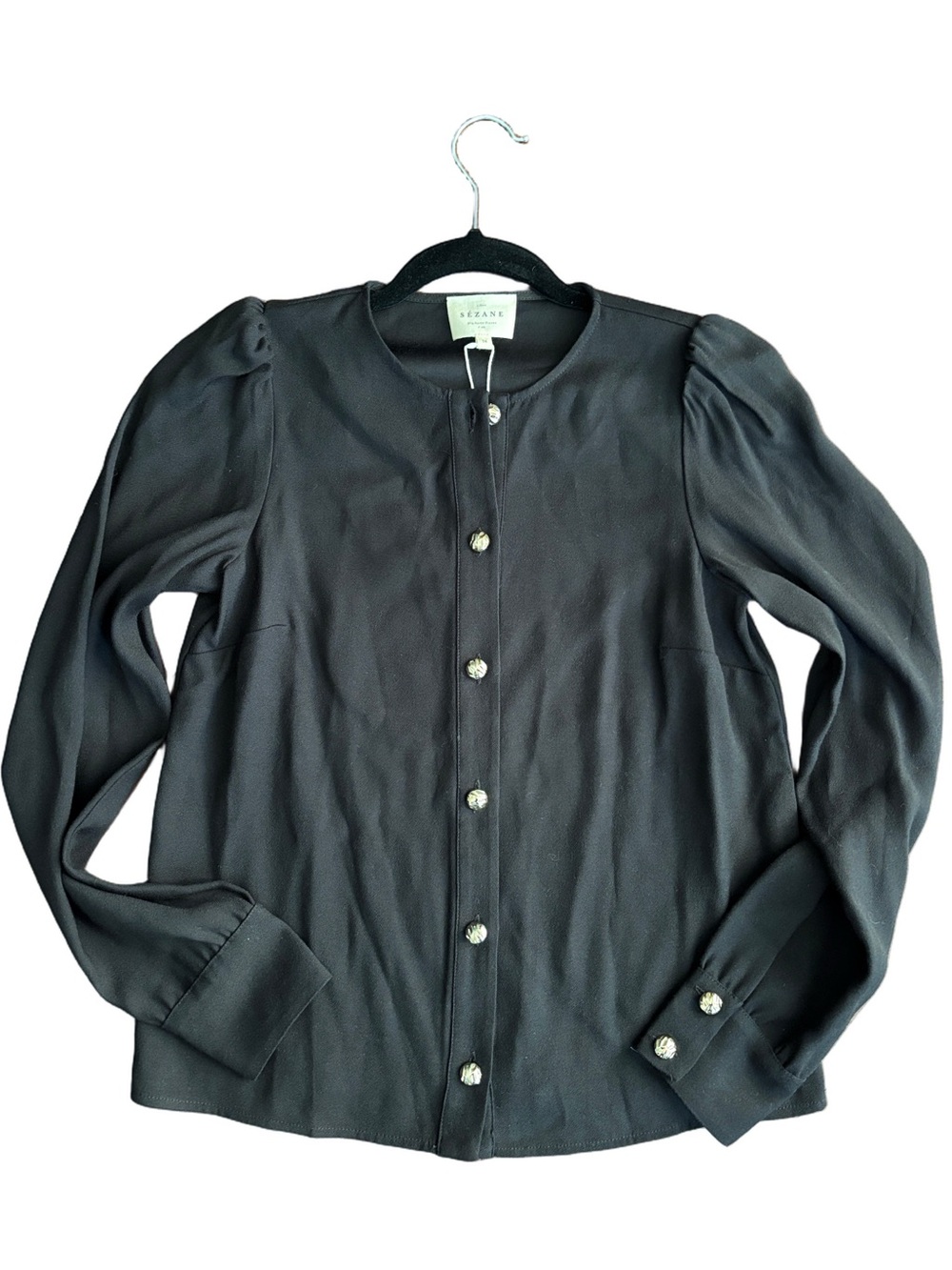 Sézane Chemise Romine Blouse Black Button Front Gold Buttons NWT FR 34 US 2 - Picture 3 of 9